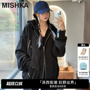 MISHKA大眼球秋冬美式 严浩翔同款 高街宽松双拉链连帽卫衣外套男女