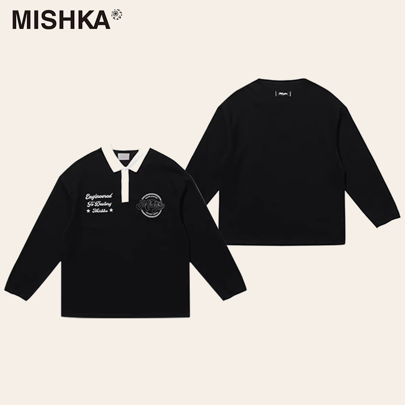 MISHKA秋冬美式复古泽西风撞色宽松衬衫领卫衣设计感长袖T恤polo