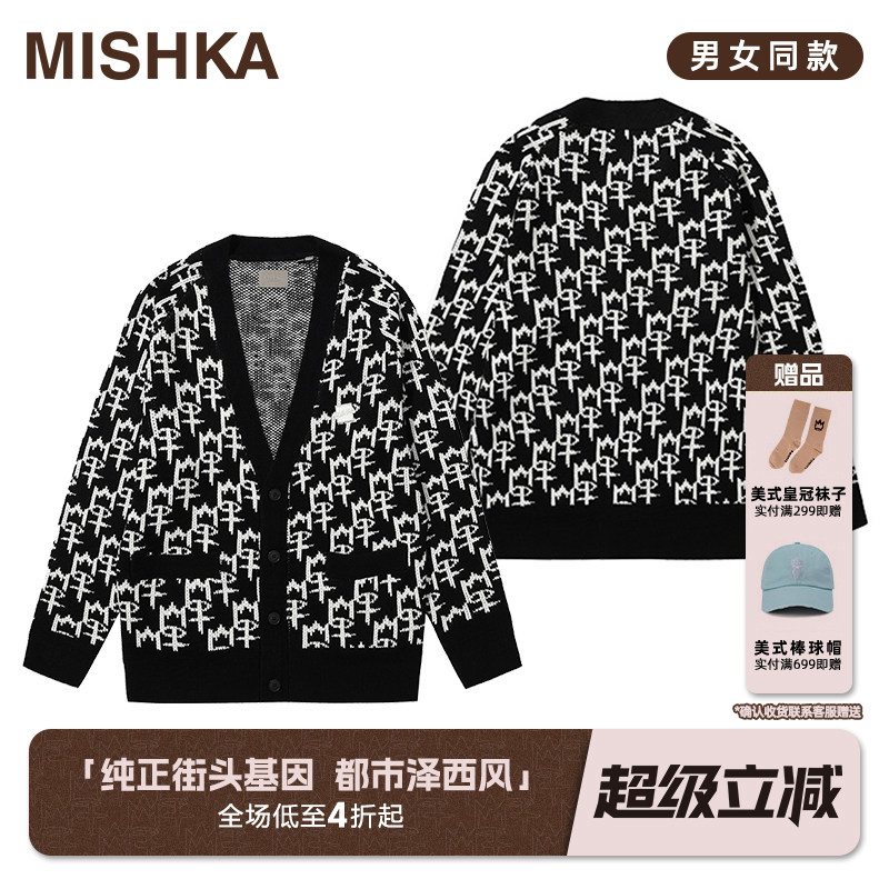 MISHKA秋冬季新款美式复古老花V领开衫休闲百搭毛衫针织衫