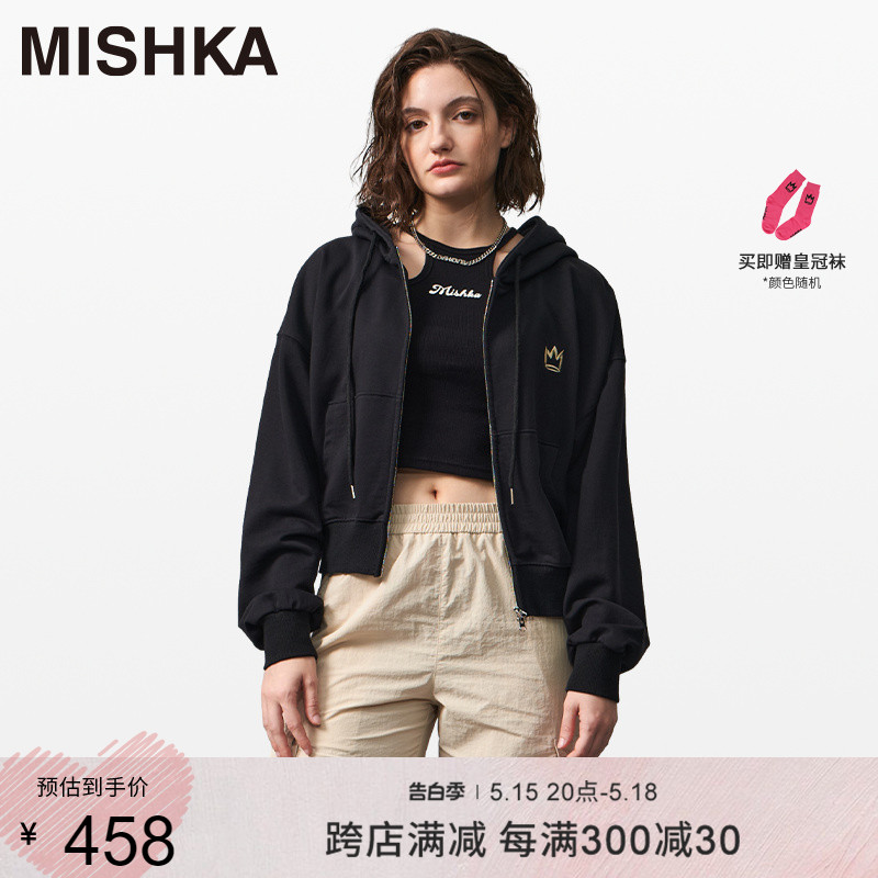 MISHKA美式复古女士春秋设计感小个子黑色短款外套双拉链卫衣开衫