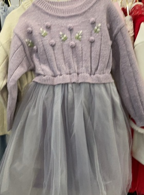 清仓处理女童针织拼接网纱连衣裙小花