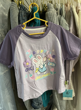 买一送一插肩短袖T恤女夏新款兔子卡通修身短款U上衣儿童T恤