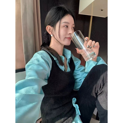 somi家海外直邮现·新款韩国设计师atmosphere丝滑衬衫+针织背心