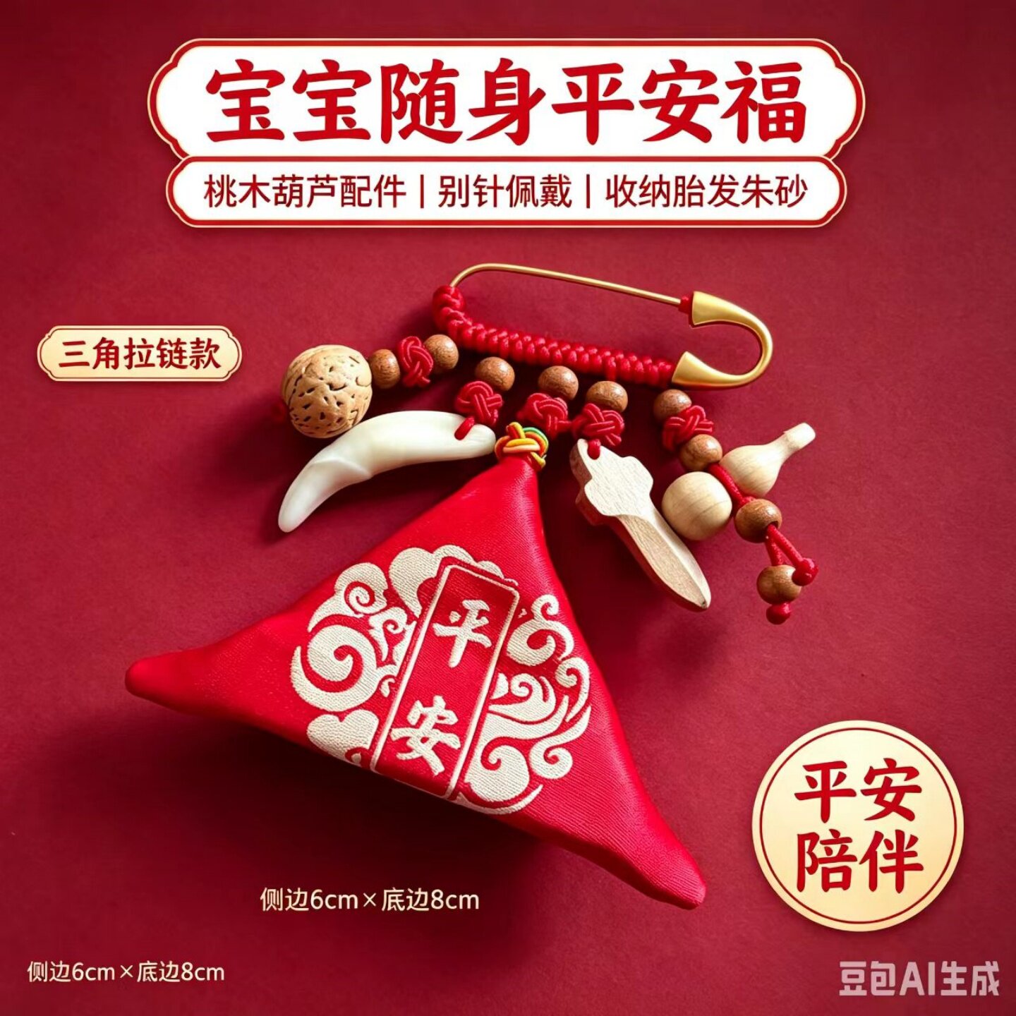 别针婴儿别针三角符袋马羊蛇生肖福袋宝宝外出桃木护身符平安挂件