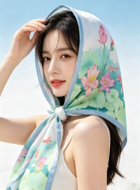 独家原创图案丝方领围巾女式百搭2026新披肩防晒拍照装饰团购礼品