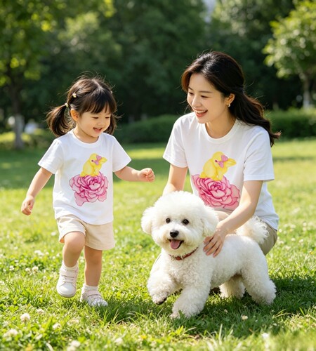 原创板绘画约稿卡通兔花亲子装T恤裙帆布牛仔背包鞋伞桌布发饰品