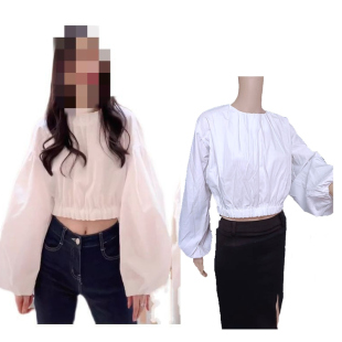 黄圣依同款 短款 宽松显瘦衬衫 灯笼袖 露脐衬衣 百搭上衣长袖 春秋新款