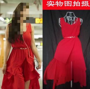 情圣yoyo同款红色连衣裙夏季雪纺开叉中长裙旅游度假露背沙滩裙子