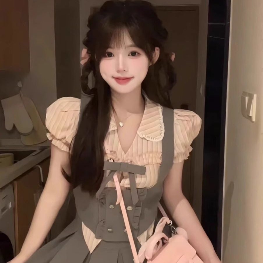 韩系学院风jk制服可爱少女减龄感粉色条纹上衣马甲蓬蓬裙套装裙女