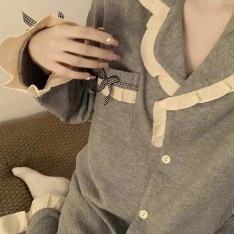 韩系ins睡衣秋冬季女士日系简约长袖长裤家居服套装~