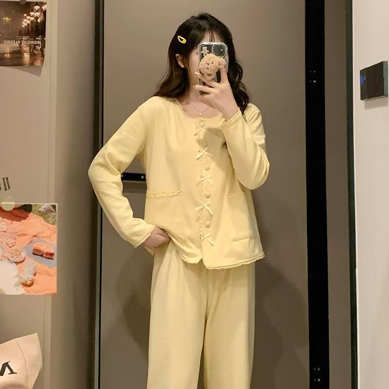 日系灰色奥绒秋冬季睡衣女加绒甜美休闲家居服套装