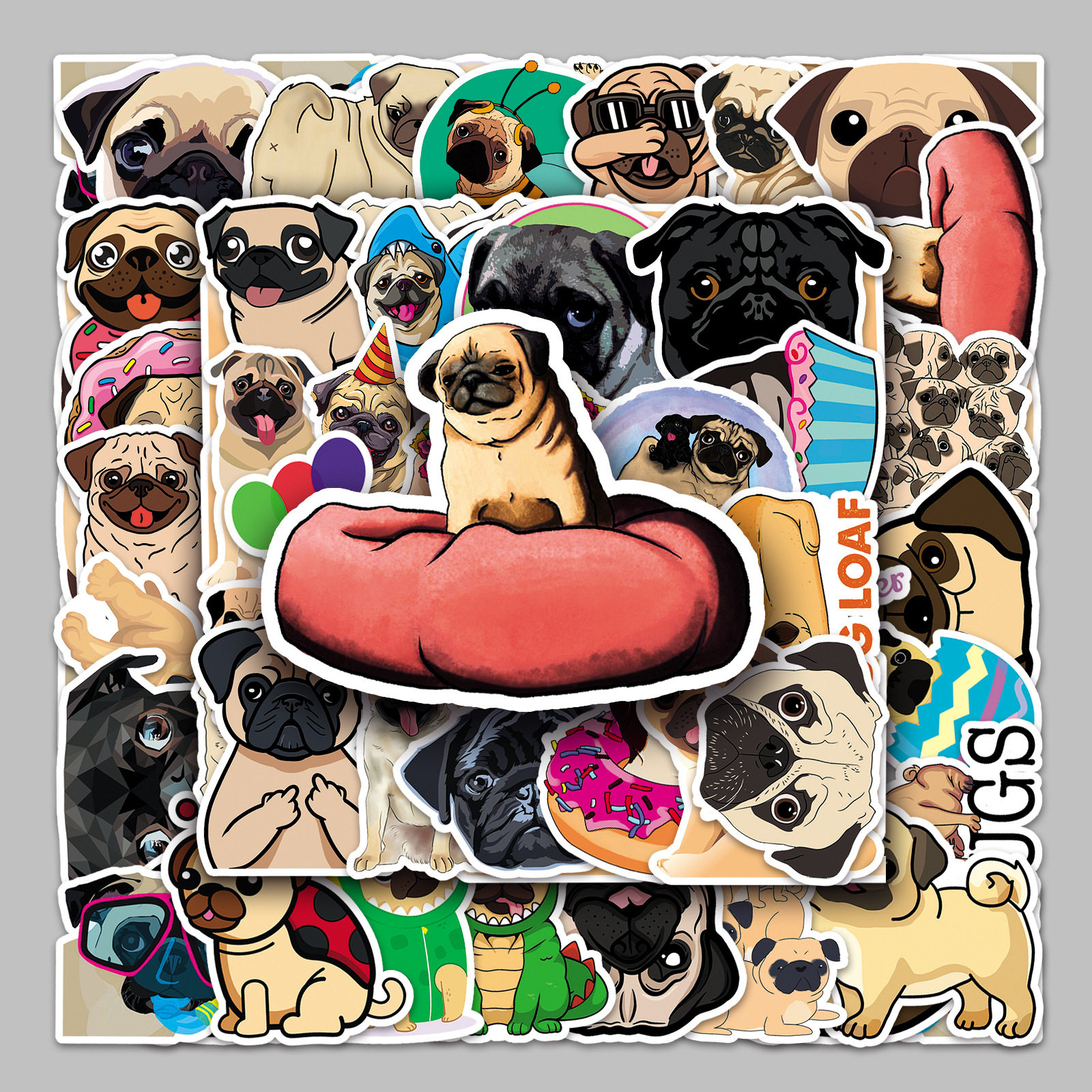 50张八哥犬卡通行李箱贴纸防水涂鸦贴纸滑板车电脑平板卡通装饰