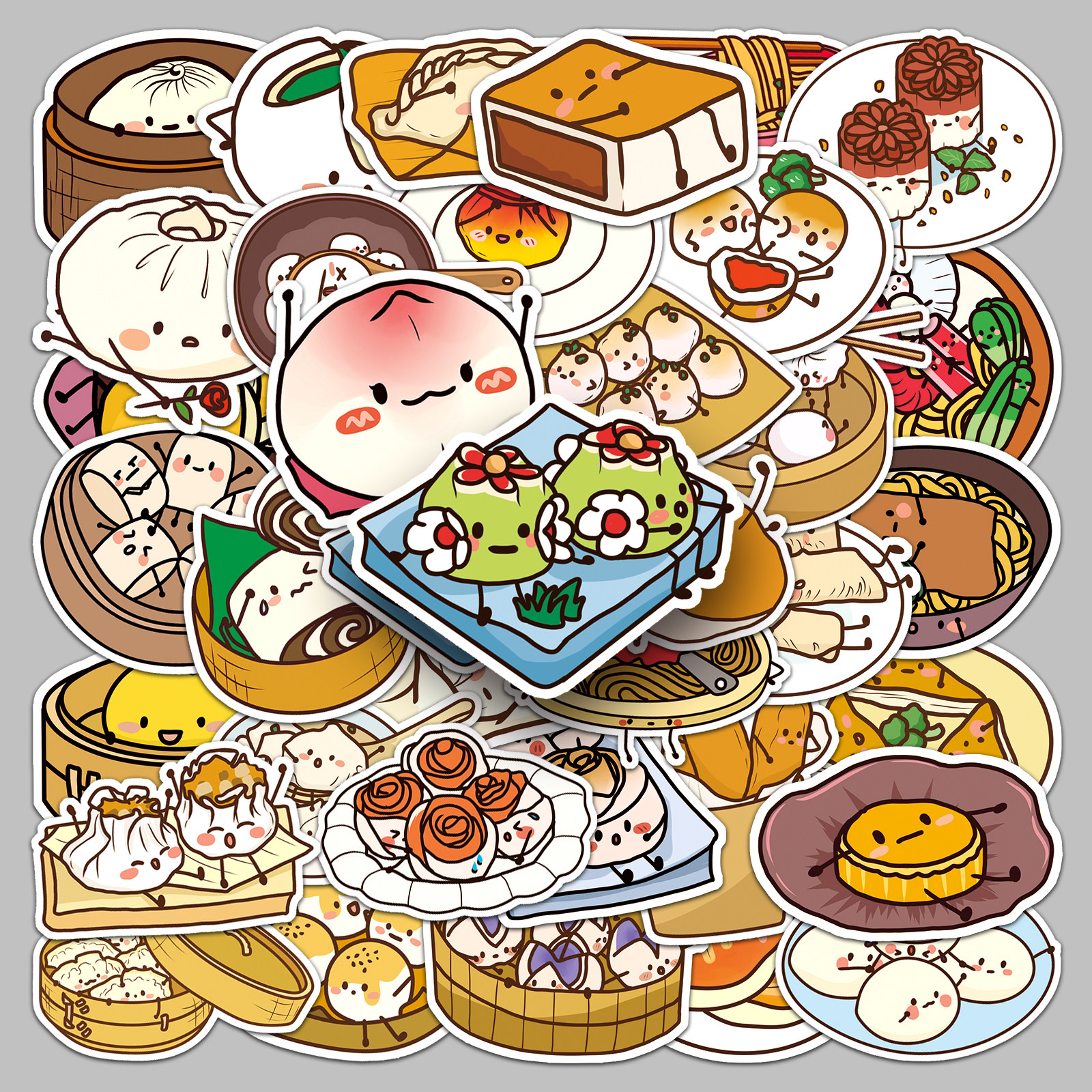 50张中华面点原创卡通美食儿童贴纸可爱涂鸦手账本行李箱装饰防水