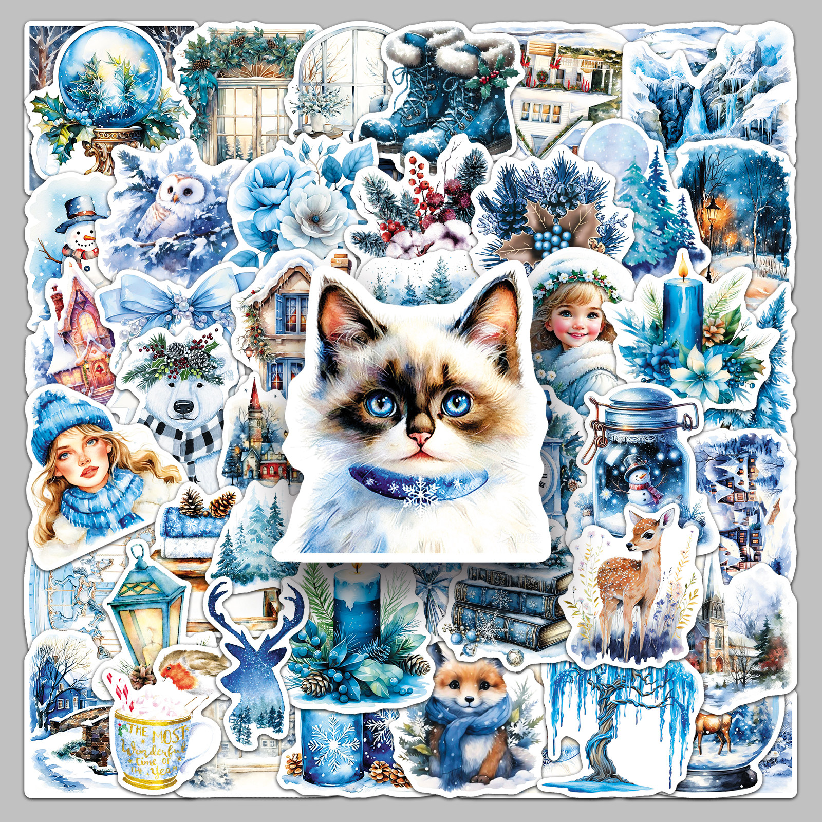 50张冬季赞歌创意贴纸咕卡彩绘涂鸦diy防水装饰日记本手机壳贴纸