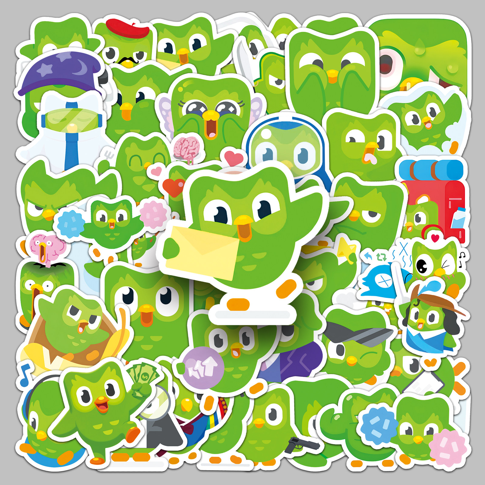 50张多邻国绿色猫头鹰贴纸Duolingo可爱表情装饰行李箱手机壳贴纸