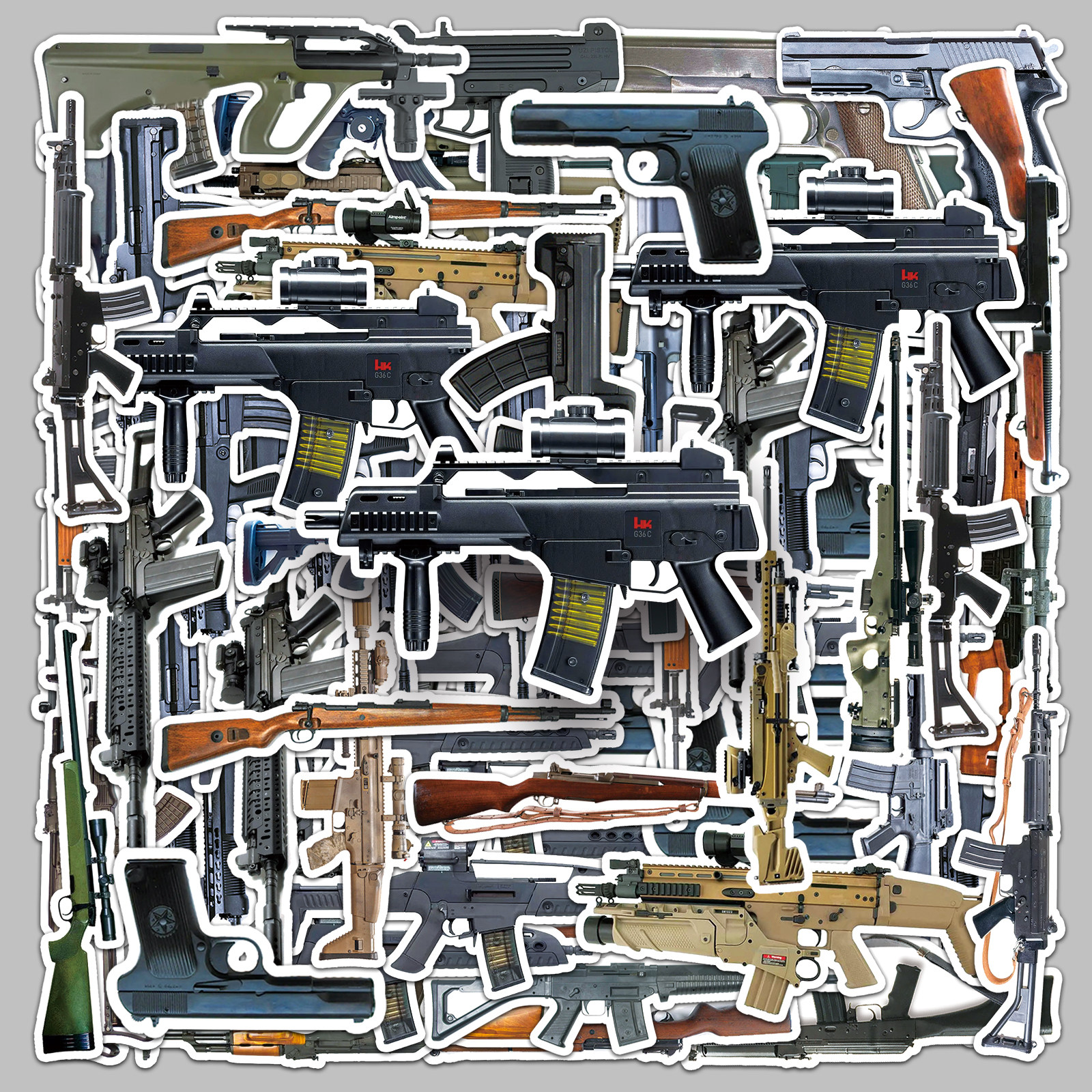 50张军事枪支贴纸手枪步枪散弹枪手账素材装饰手机壳平板防水贴画