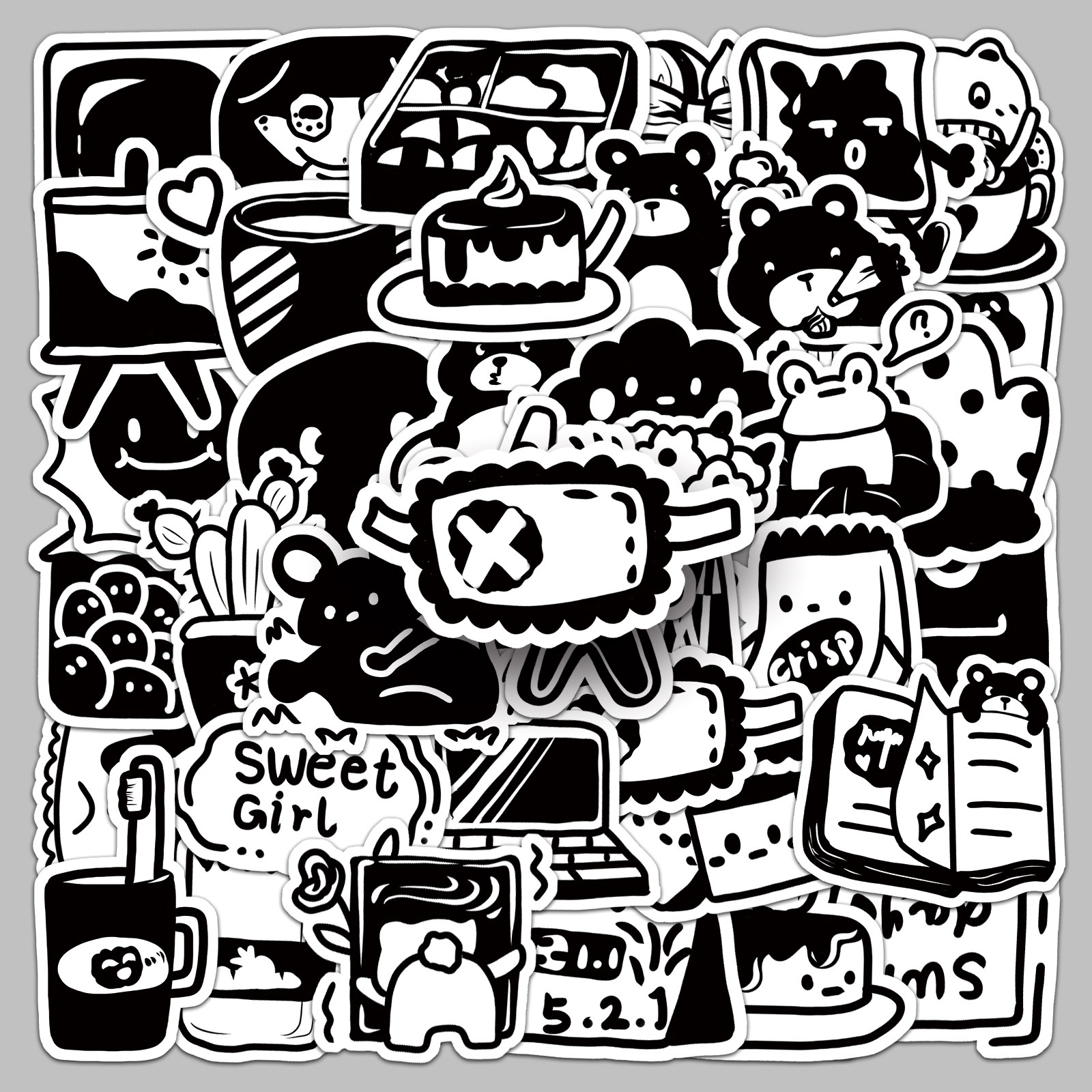 50张黑白原创涂鸦贴纸卡通创意可爱diy手机笔记本行李箱防水装饰