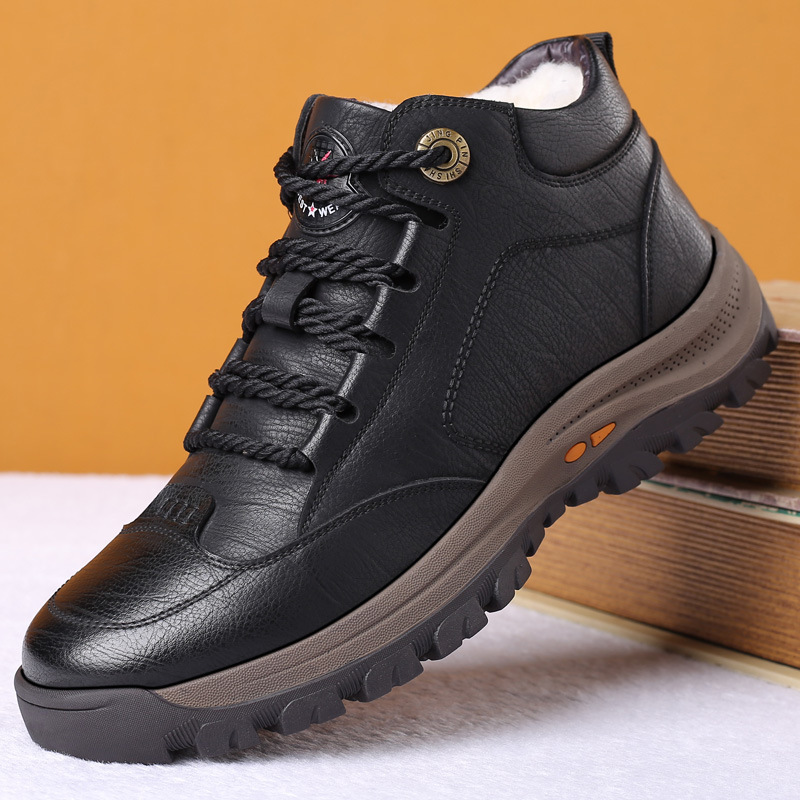 冬季新款羊毛男士棉鞋户外高帮加绒保暖男款皮鞋休闲中老年人男鞋