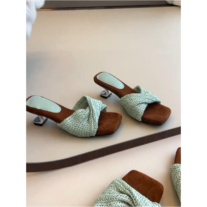 编织一字拖女夏外穿方头粗跟露趾凉拖鞋一脚蹬百搭度假风海边玩水