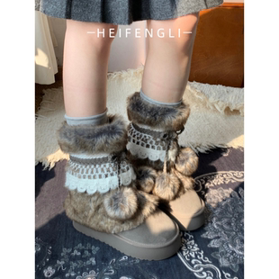 复古厚底增高雪地靴女2025冬季 加绒保暖中筒靴小个子可爱毛毛棉鞋
