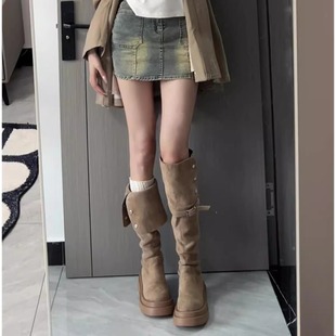 厚底长筒靴女2025新款秋冬季不过膝绒面长靴女款显瘦高筒骑士靴子