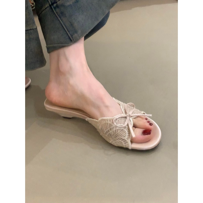 法式蕾丝蝴蝶结一字拖女坡跟平底