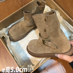 牛皮版~厚底内增高真皮短靴女2025秋冬新勃肯鞋美拉德两穿西部靴