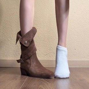 牛皮版 复古风显瘦皮带扣骑士靴女方头绒面搭扣两穿折翻西部靴子