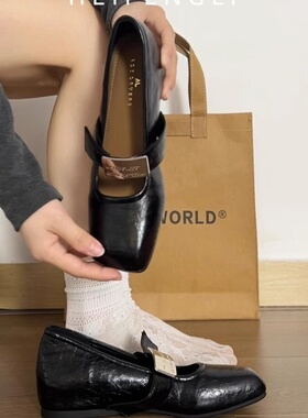 法式黑色内增高玛丽珍单鞋女2026新款仙女风方头一字扣平底小皮鞋