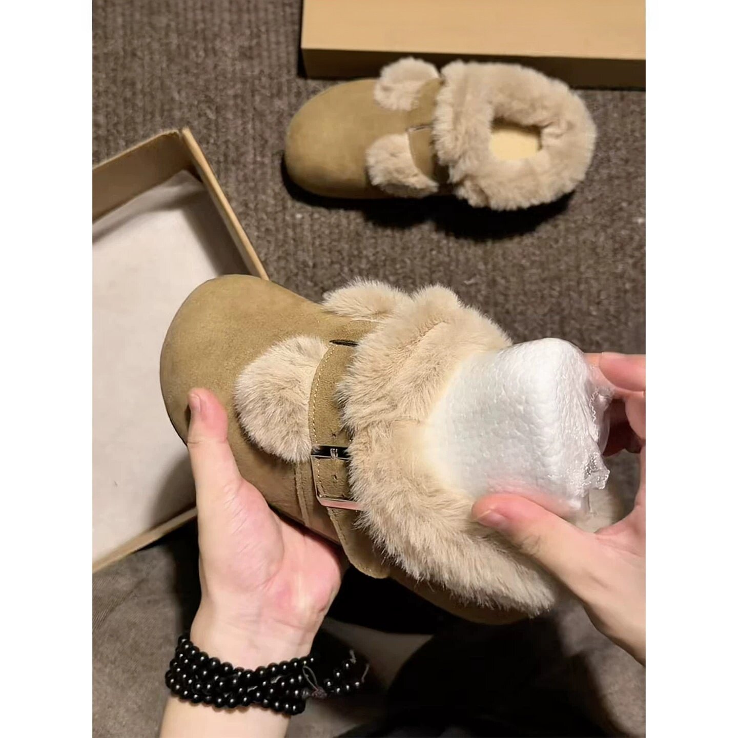 复古厚底加绒包头勃肯半拖鞋女