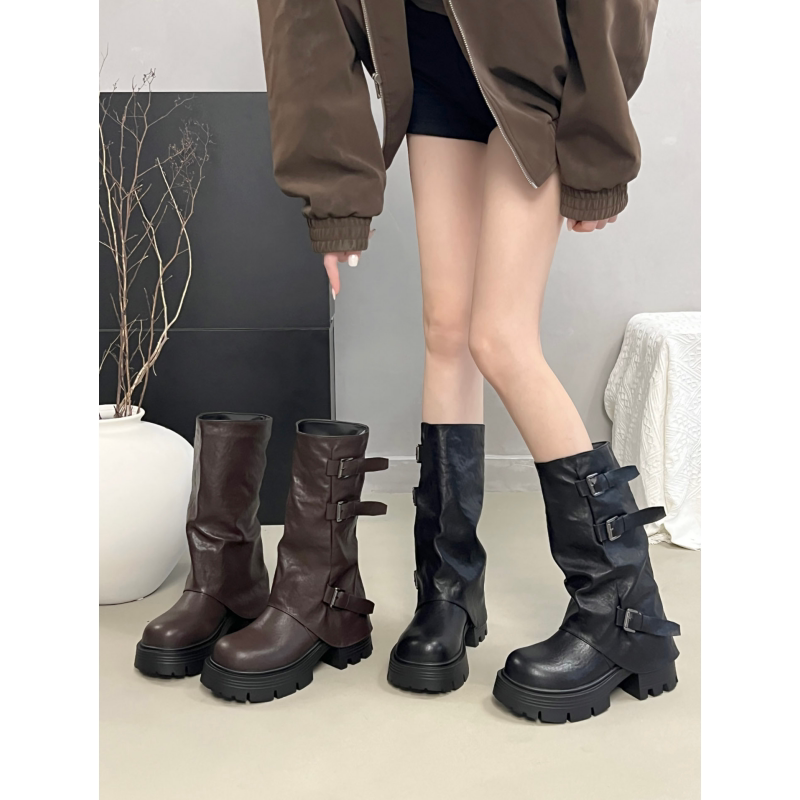 复古增高堆堆骑士长靴女秋新款