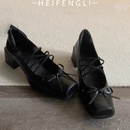 女中跟粗跟不累脚 绝美复古风蝴蝶结玛丽珍浅口单鞋 方头小皮鞋 法式