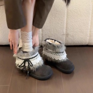 牛皮版 加绒毛毛靴绑带显瘦短筒 韩系风时髦圆头厚底雪地靴女冬季