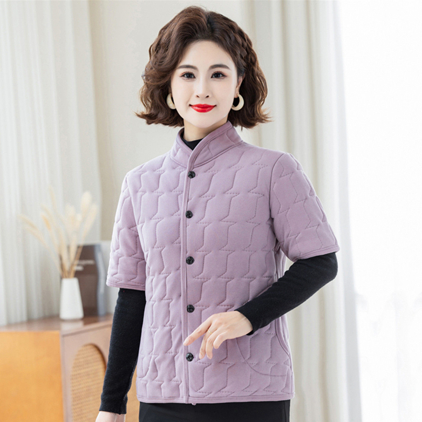 中老年妈妈半袖棉服女秋冬立领夹棉保暖马甲宽松短袖护肩棉袄外套