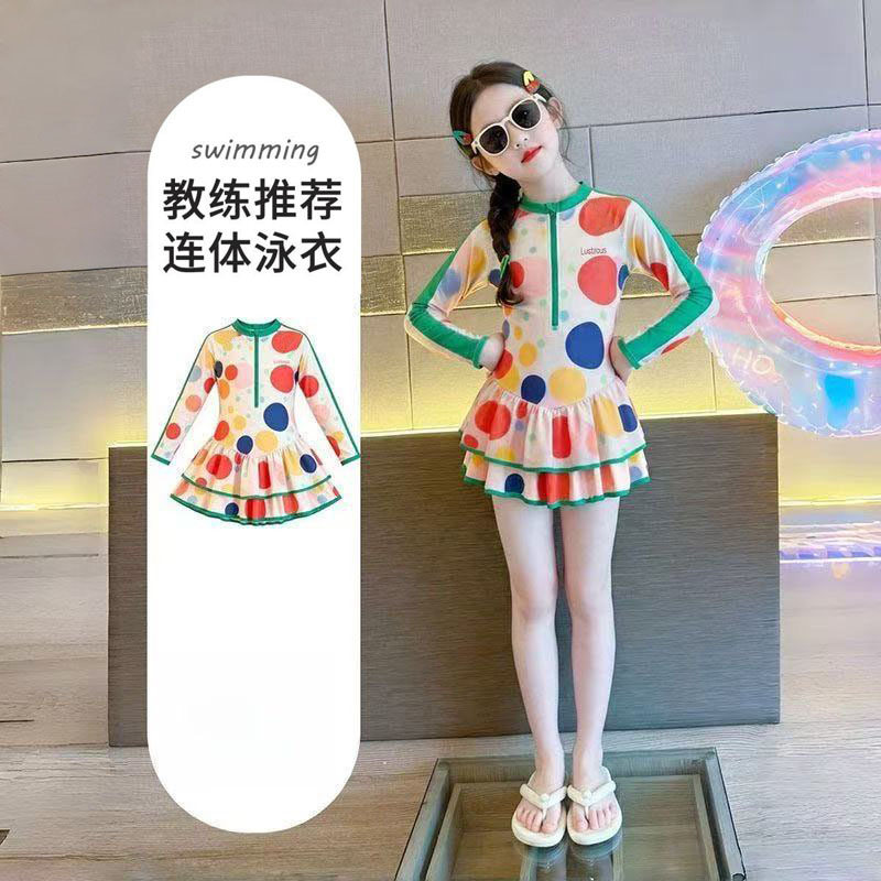 女童连体泳衣2026新款儿童长袖防晒游泳衣中大童学生温泉裙子泳装
