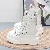 镂空透气厚底超高跟内增高12cm小个子休闲运动鞋 高帮小白鞋 女夏季