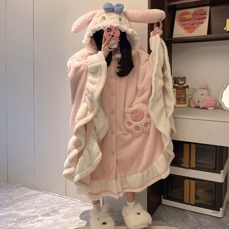 美乐蒂睡衣女款秋冬季珊瑚绒加绒加厚美乐兔睡袍家居服公主风套装