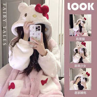 Hello Kitty pajamas for women in autumn and winter, coral fleece bathrobe, cute winter bathrobe, long KT cat plush set, winter style thumbnail 2
