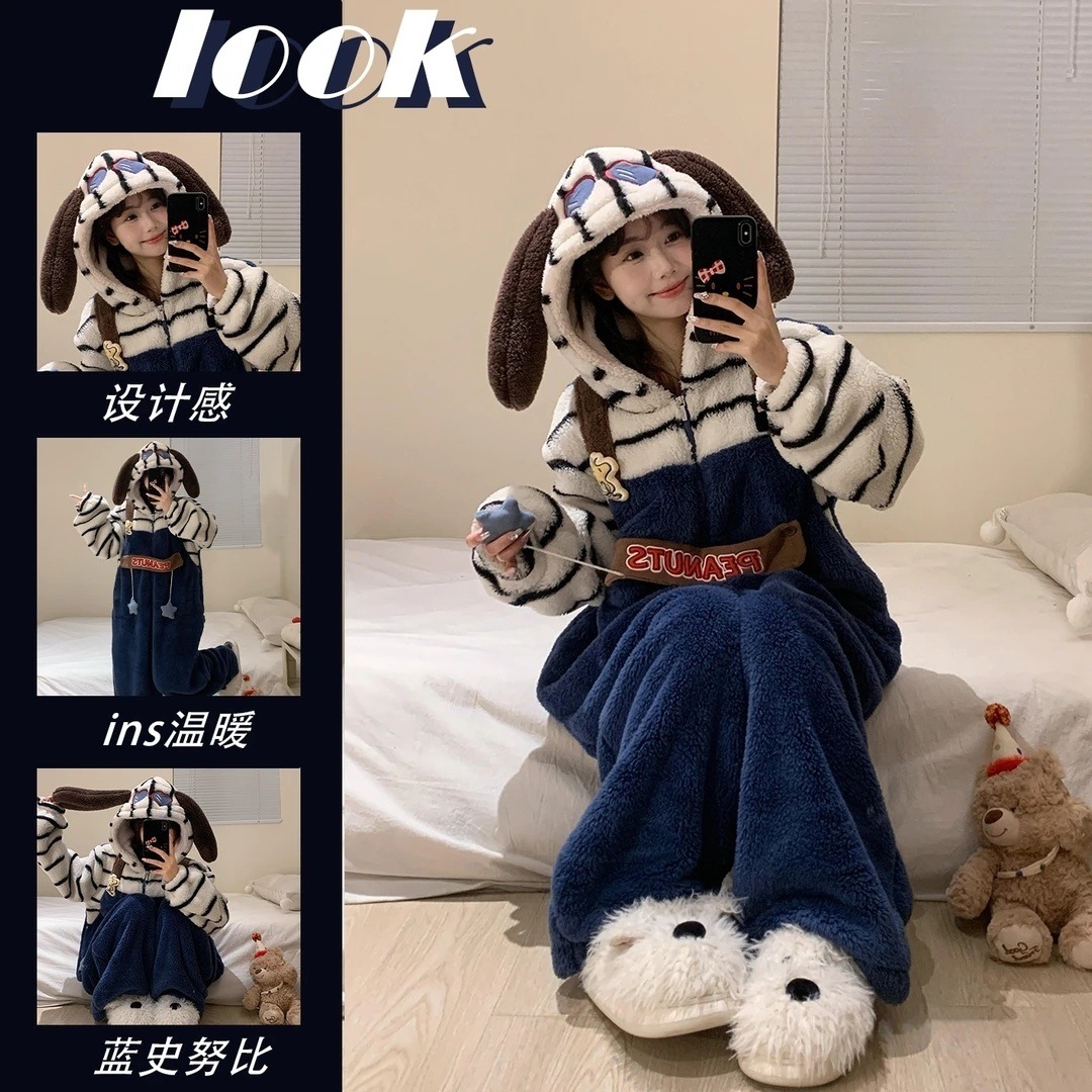 珊瑚绒史努比连体睡衣女款冬季可爱情侣加绒加厚保暖睡袍卡通搞怪