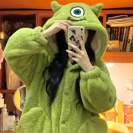 大眼仔连体睡衣女秋冬季加绒加厚珊瑚绒连帽睡袍可爱家居服男卡通