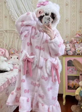 可爱凯蒂猫珊瑚绒睡衣女款秋冬季小猫咪秋冬款法兰绒加厚毛绒冬天