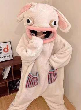 疯狂的兔子连体睡衣学生秋冬季搞怪抽象丑鱼睡袍珊瑚绒加厚小兔子
