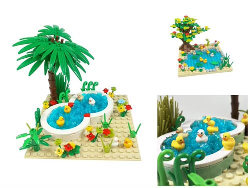MOC小颗粒积木鸭子戏水 荷塘鸭宝宝 黄鸭水池 池塘树场景拼装玩具