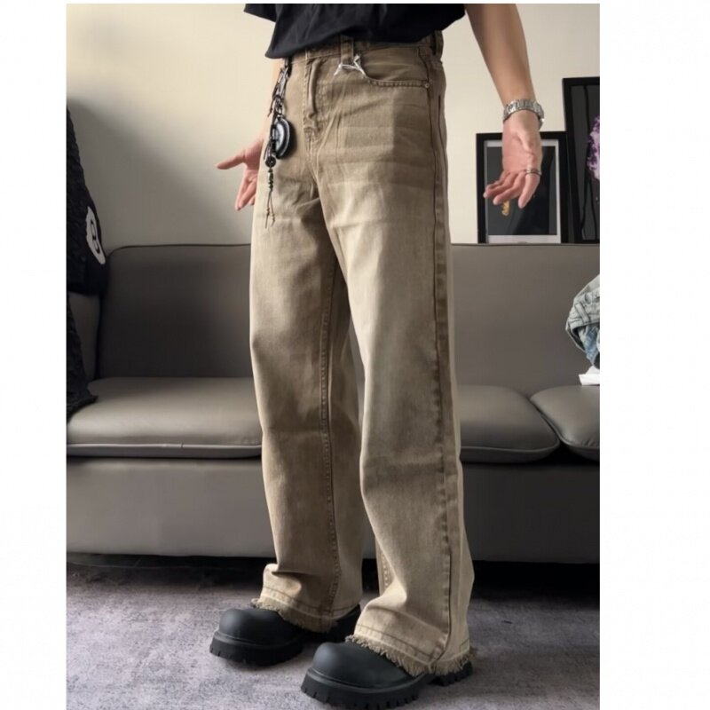 美式复古陶土棕水洗牛仔裤男美拉德色系毛边裤脚宽松直筒休闲长裤