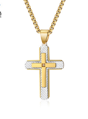原创不锈钢三层组合斜纹双色十字架吊坠个性不锈钢项链百搭颈链