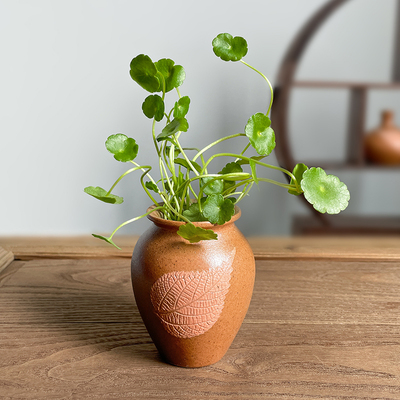 景德镇手工陶瓷迷你小花瓶复古粗陶水培铜钱草花器桌面装饰品摆件