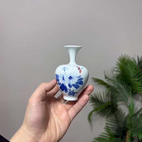 新中式菊花青花瓷手绘陶瓷花瓶迷你小摆件花瓶家居客厅插花装饰