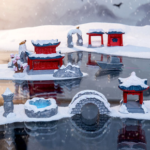微景观创意复古中国风江南雪景桥梁房子摆件手工装饰树脂假山凉亭