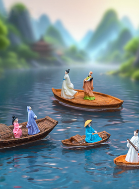 古风树脂船只人物微缩景观摆件