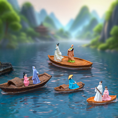 古风树脂船只人物微缩景观摆件